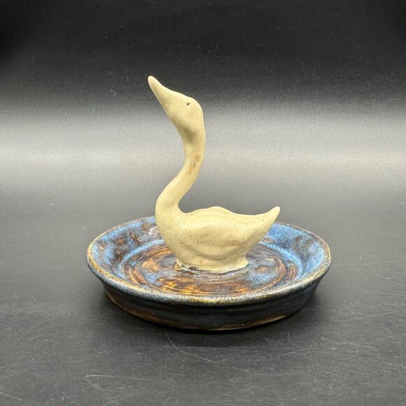 Art Pottery Swan Ring Dish Trinket Holder Bird Figurine Jewelry Blue Signed - Picture 2 of 10